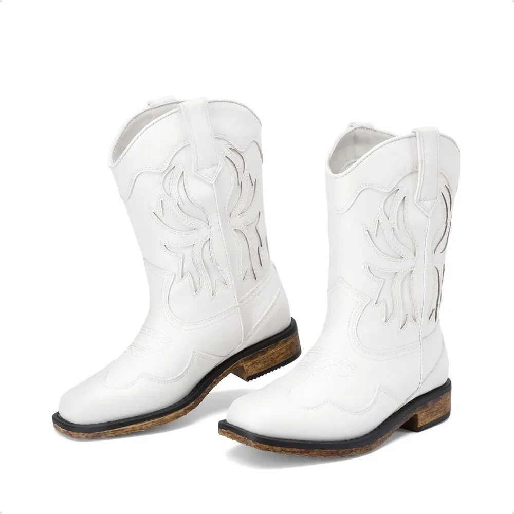 ⚡Girls White Square Toe Mid Calf Cowgirl Boots Western Fashion Riding Shoes